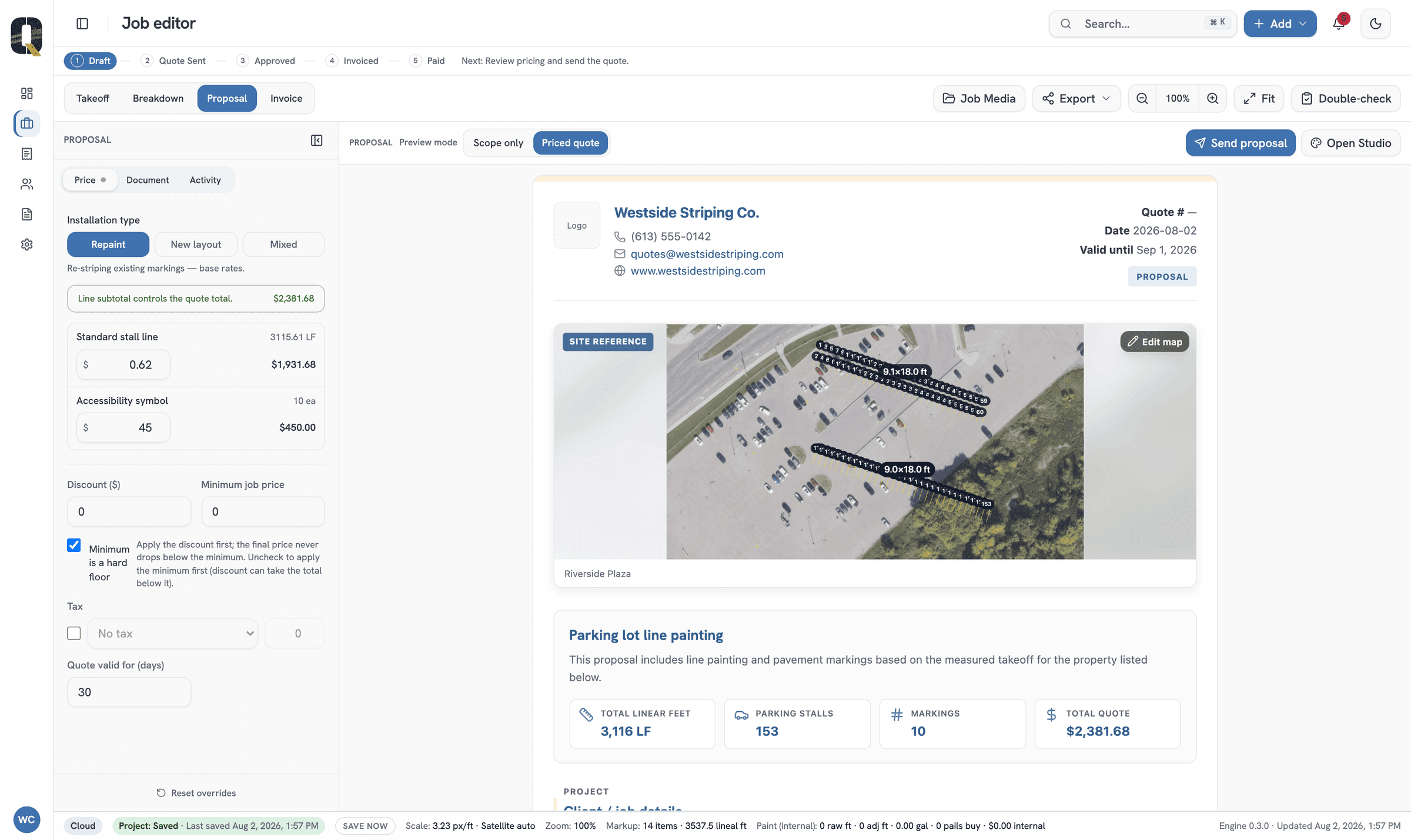 The QuoCAD proposal: a letterheaded quote carrying the contractor's name, phone, email and website, the site aerial, and totals of 3,116 linear feet, 153 stalls and $2,381.68.