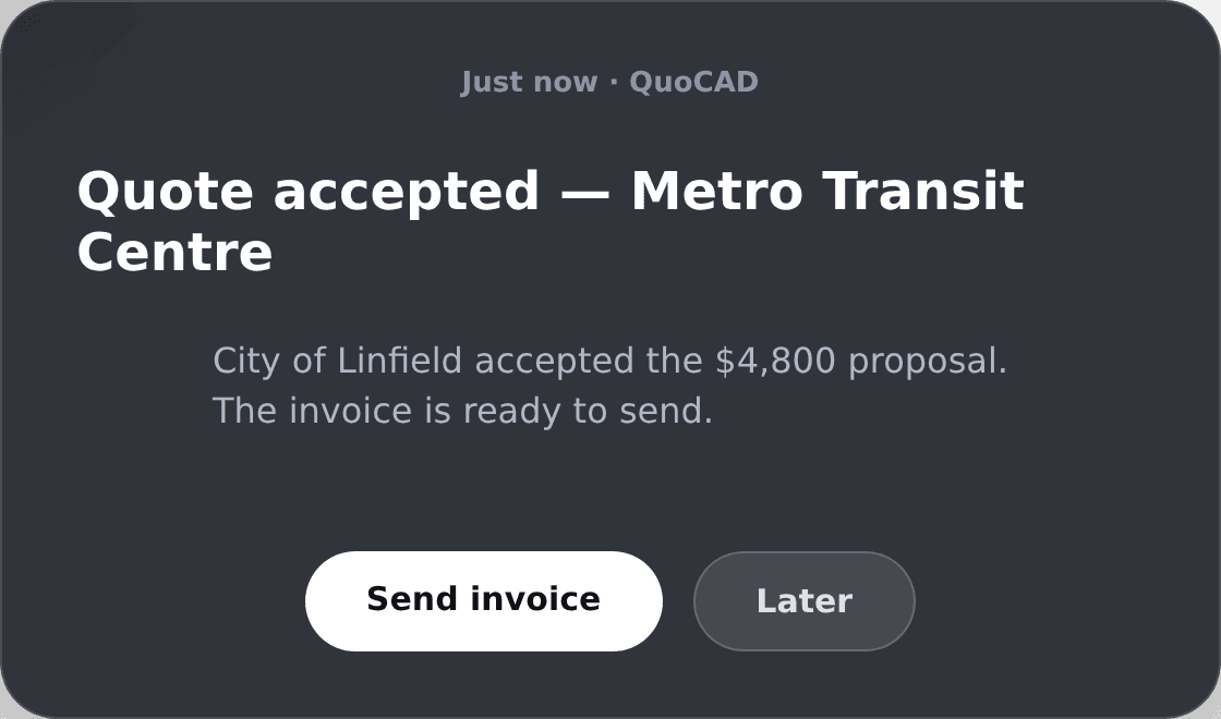 Notification: quote accepted — City of Linfield accepted the $4,800 proposal for Metro Transit Centre