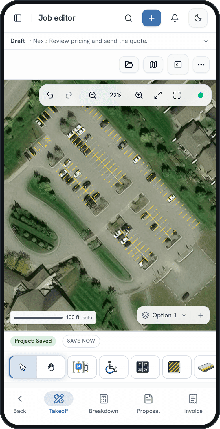 QuoCAD on a phone: the job editor with a parking lot traced on satellite imagery — stall rows, ADA stalls and hatch zones drawn over the aerial.