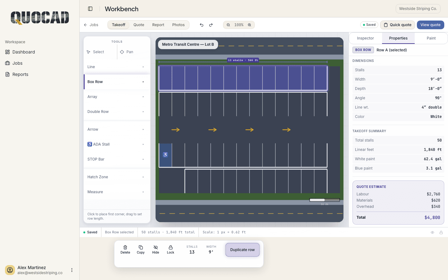 QuoCAD dashboard preview with jobs, quotes, and takeoff overview