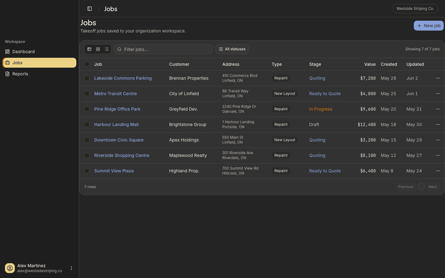 QuoCAD jobs list in dark mode - Dark Mode