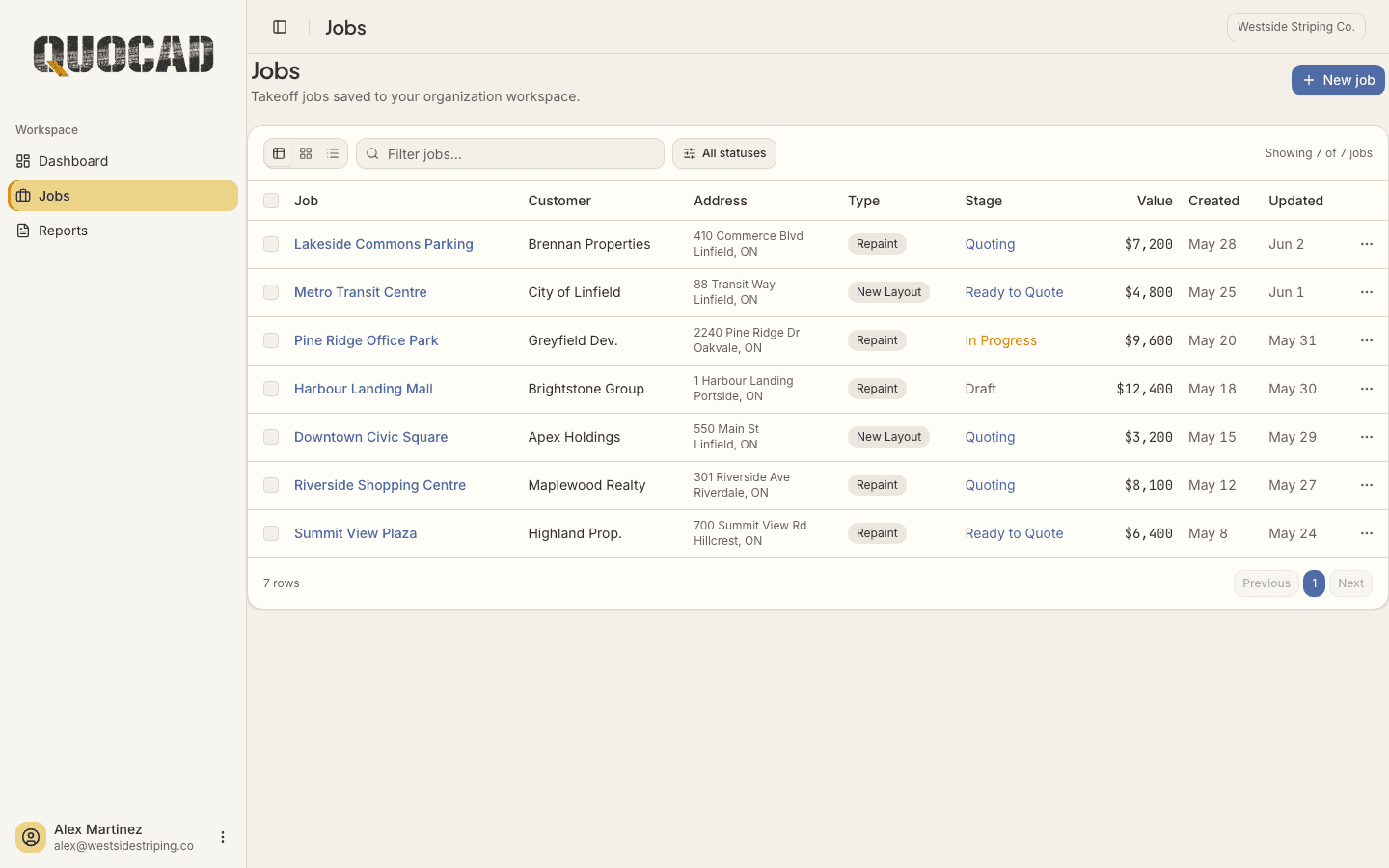 QuoCAD jobs list in dark mode - Light Mode